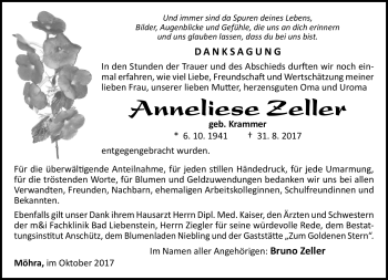 Traueranzeige von Anneliese Zeller von Südthüringer Presse