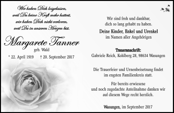 Traueranzeige von Margarete Tanner von Südthüringer Presse