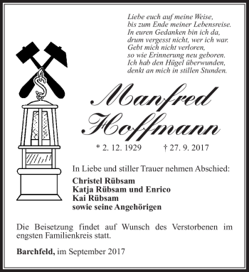 Traueranzeige von Manfred Hoffmann von Südthüringer Presse