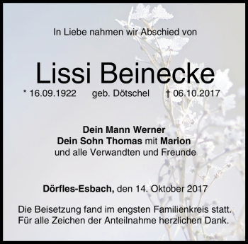 Traueranzeige von Lissi Beinecke von Neue Presse Coburg