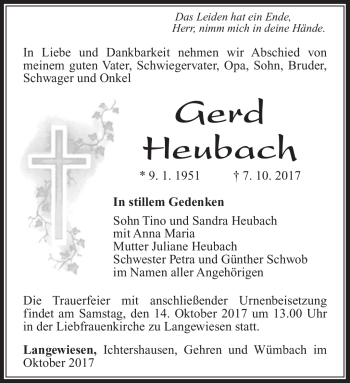 Traueranzeige von Gerd Heubach von Südthüringer Presse