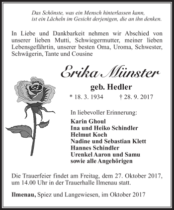 Traueranzeige von Erika Münster von Südthüringer Presse