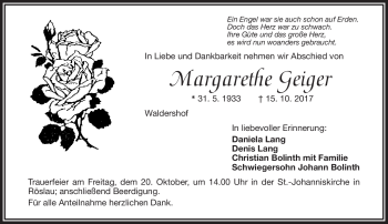 Traueranzeige von Margarethe Geiger von Frankenpost