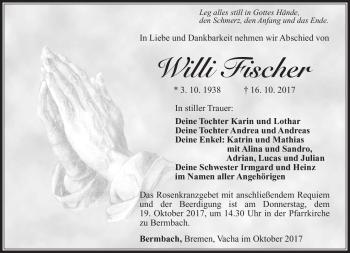 Traueranzeige von Willi Fischer von Südthüringer Presse