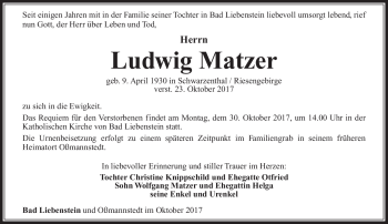 Traueranzeige von Ludwig Matzer von Südthüringer Presse