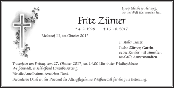 Traueranzeige von Fritz Zürner von Frankenpost