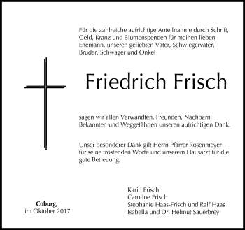 Traueranzeige von Friedrich Frisch von Neue Presse Coburg