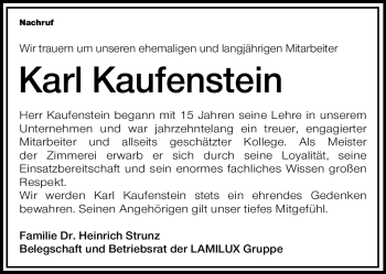 Traueranzeige von Karl Kaufenstein von Frankenpost