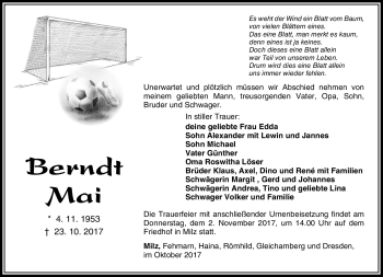 Traueranzeige von Berndt Mai von Südthüringer Presse