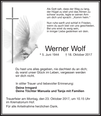 Traueranzeige von Werner Wolf von Frankenpost