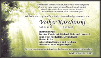 Traueranzeige von Volker Kaschinski von Südthüringer Presse