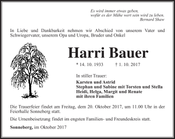 Traueranzeige von Harri Bauer von Südthüringer Presse