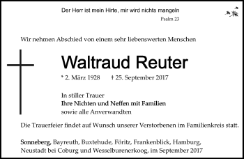 Traueranzeige von Waltraud Reuter von Südthüringer Presse