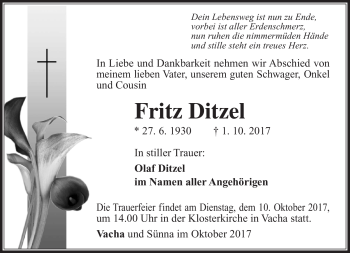 Traueranzeige von Fritz Ditzel von Südthüringer Presse