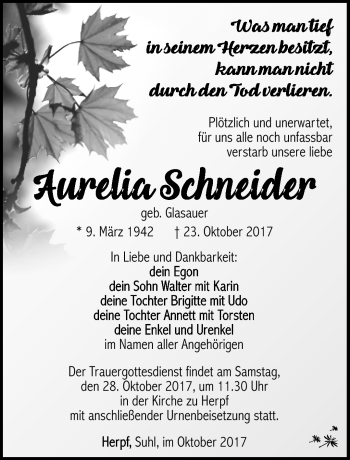 Traueranzeige von Aurelia Schneider von Südthüringer Presse