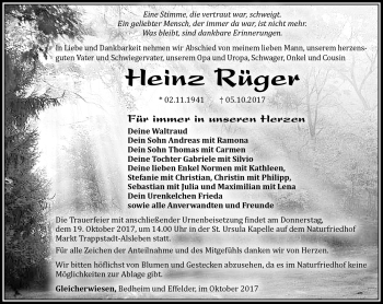 Traueranzeige von Heinz Rüger von Südthüringer Presse