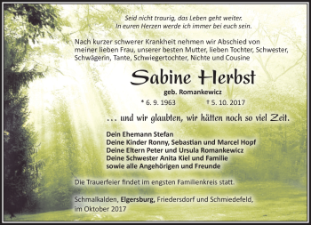 Traueranzeige von Sabine Herbst von Südthüringer Presse