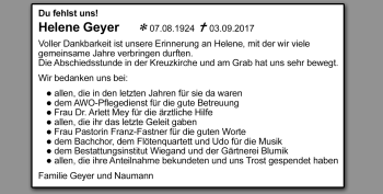 Traueranzeige von Helene Geyer von Südthüringer Presse