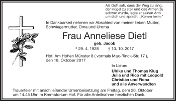 Traueranzeige von Anneliese Dietl von Frankenpost