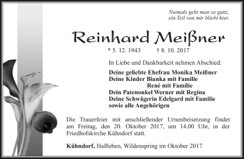 Traueranzeige von Reinhard Meißner von Südthüringer Presse
