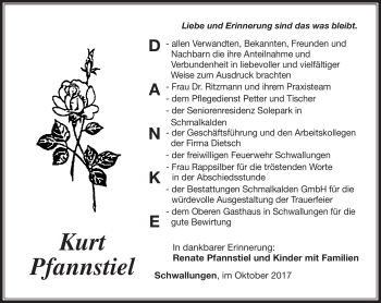 Traueranzeige von Kurt Pfannstiel von Südthüringer Presse