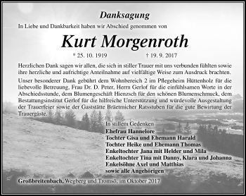 Traueranzeige von Kurt Morgenroth von Südthüringer Presse