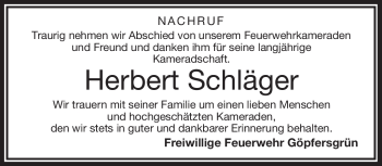 Traueranzeige von Herbert Schläger von Frankenpost