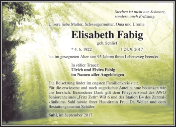 Traueranzeige von Elisabeth Fabig von Südthüringer Presse