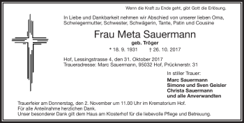 Traueranzeige von Meta Sauermann von Frankenpost