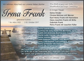 Traueranzeige von Irma Frank von Südthüringer Presse