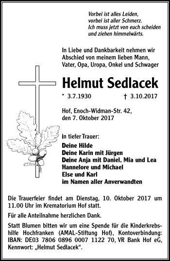 Traueranzeige von Helmut Sedlacek von Frankenpost