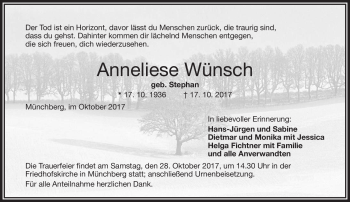 Traueranzeige von Anneliese Wünsch von Frankenpost