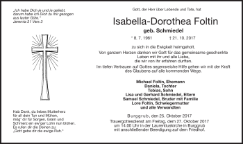 Traueranzeige von Isabella-Dorothea Foltin von Neue Presse Coburg