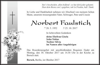 Traueranzeige von Norbert Faulstich von Südthüringer Presse
