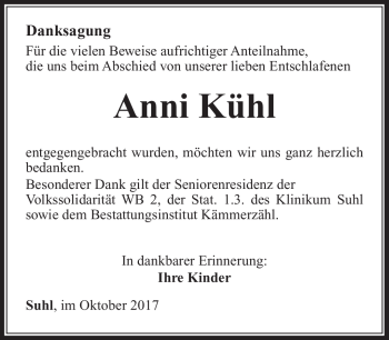 Traueranzeige von Anni Kühl von Südthüringer Presse