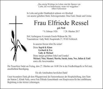 Traueranzeige von Elfriede Ressel von Frankenpost
