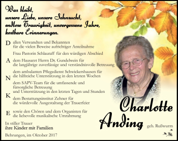 Traueranzeige von Charlotte Anding von Südthüringer Presse