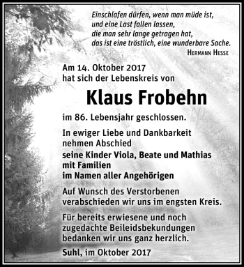 Traueranzeige von Klaus Frobehn von Südthüringer Presse