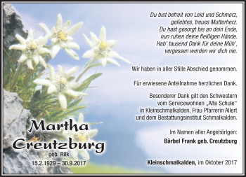 Traueranzeige von Martha Creutzberg von Südthüringer Presse