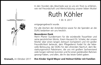 Traueranzeige von Ruth Köhler von Neue Presse Coburg