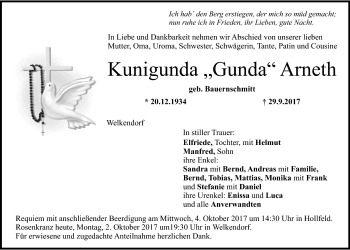 Traueranzeige von Kunigunda ,,Gunda,, Arneth von Nordbayrischer Kurier