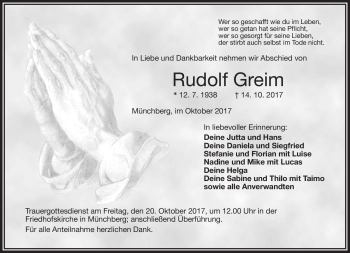 Traueranzeige von Rudolf Greim von Frankenpost