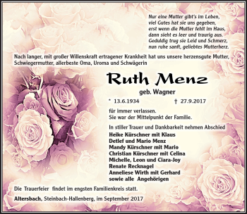 Traueranzeige von Ruth Menz von Südthüringer Presse