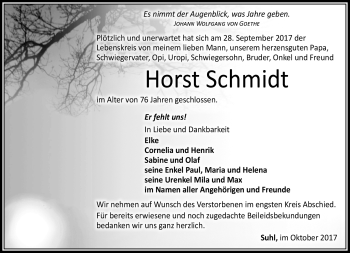 Traueranzeige von Horst Schmidt von Südthüringer Presse