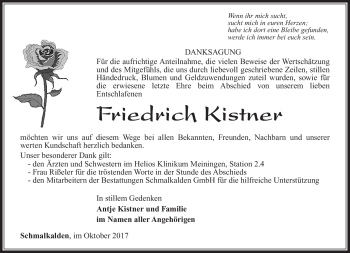Traueranzeige von Friedrich Kistner von Südthüringer Presse