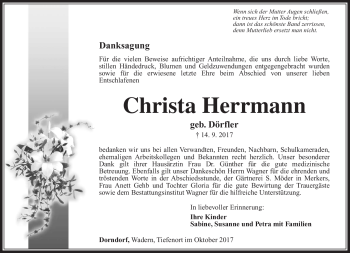 Traueranzeige von Christa Herrmann von Südthüringer Presse