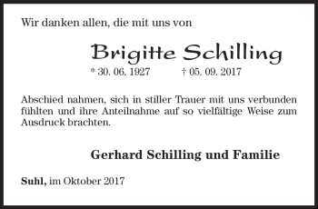 Traueranzeige von Brigitte Schilling von Südthüringer Presse