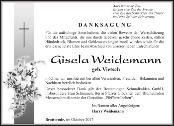 Traueranzeige von Gisela Weidemann von Südthüringer Presse