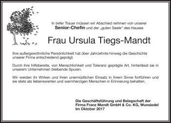 Traueranzeige von Ursula Tiegs-Mandt von Frankenpost
