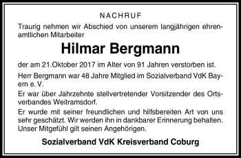 Traueranzeige von Bergmann Hilmar von Neue Presse Coburg